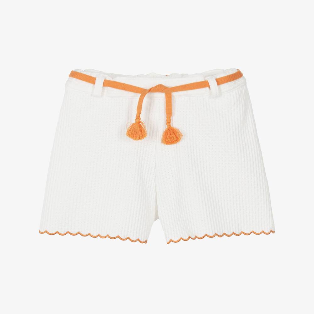 Dr. Kid-Girls Ivory Cotton Knit Shorts with Orange Tassel Belt | Childrensalon