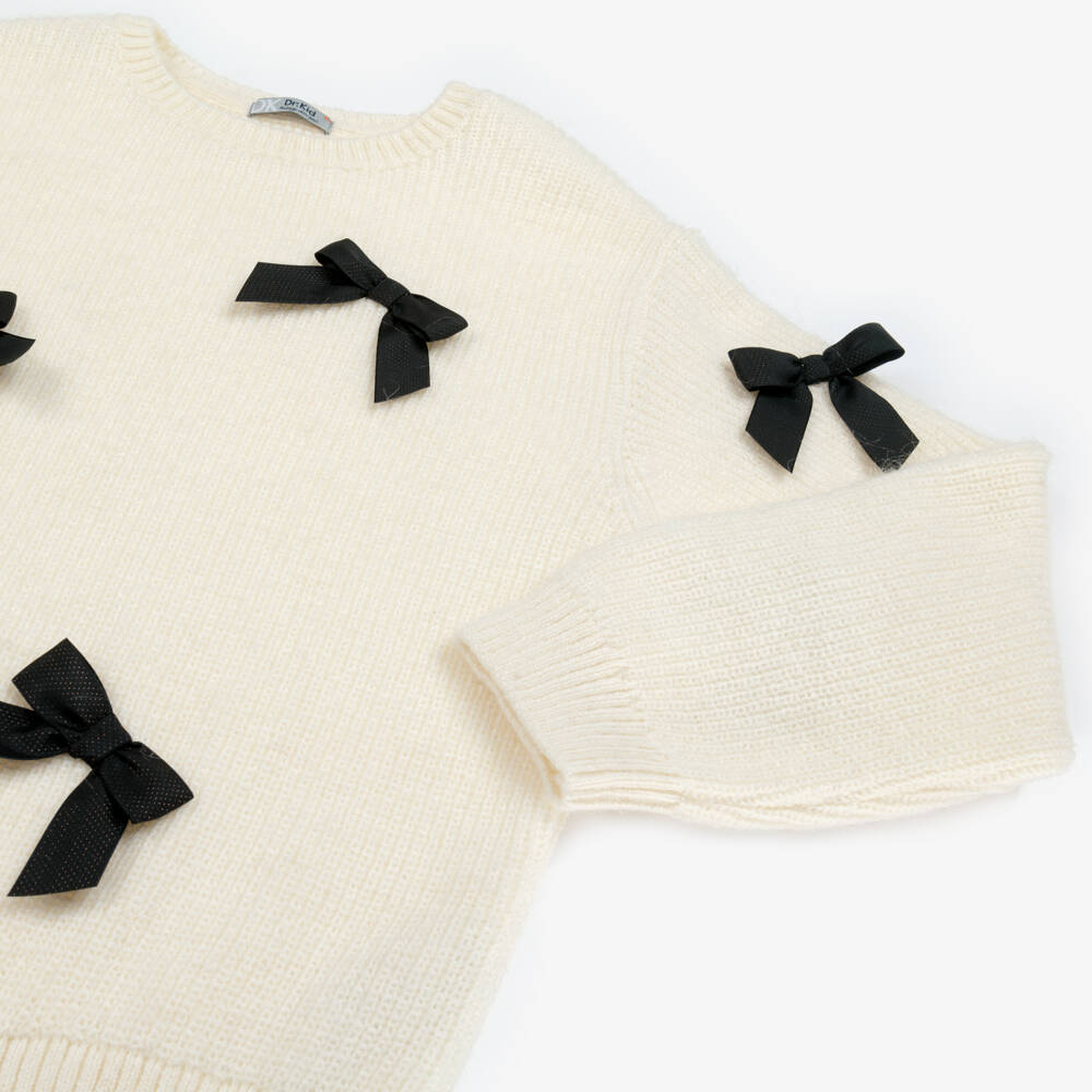 Dr. Kid-Girls Ivory Cotton Knit Sweater with Black Bows | Childrensalon