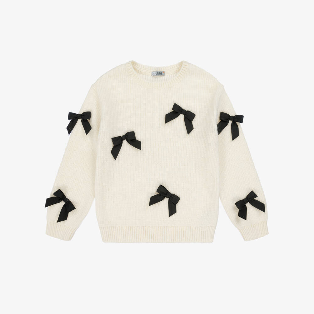 Dr. Kid-Girls Ivory Cotton Knit Sweater with Black Bows | Childrensalon