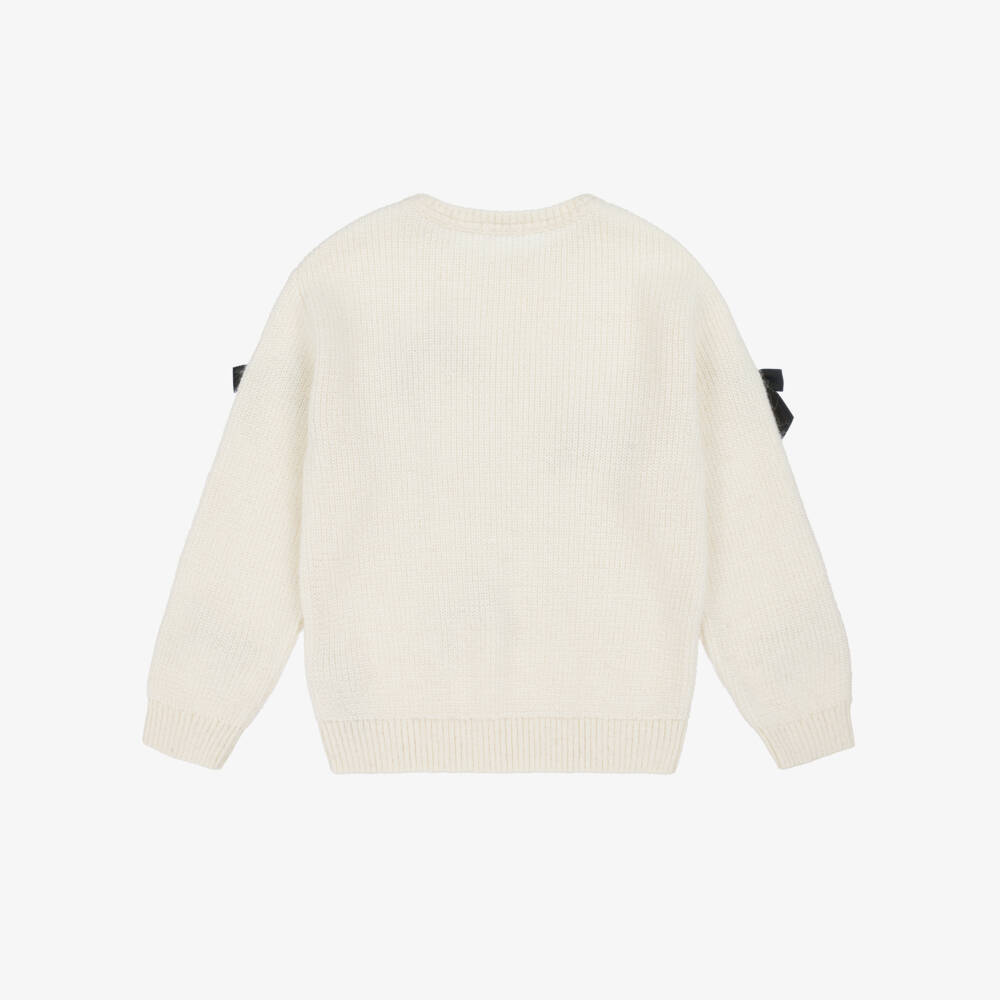 Dr. Kid-Girls Ivory Cotton Knit Sweater with Black Bows | Childrensalon