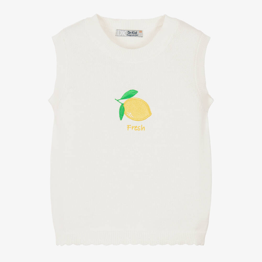 Dr. Kid-Girls Ivory Cotton Knit Top with Embroidered Lemon | Childrensalon