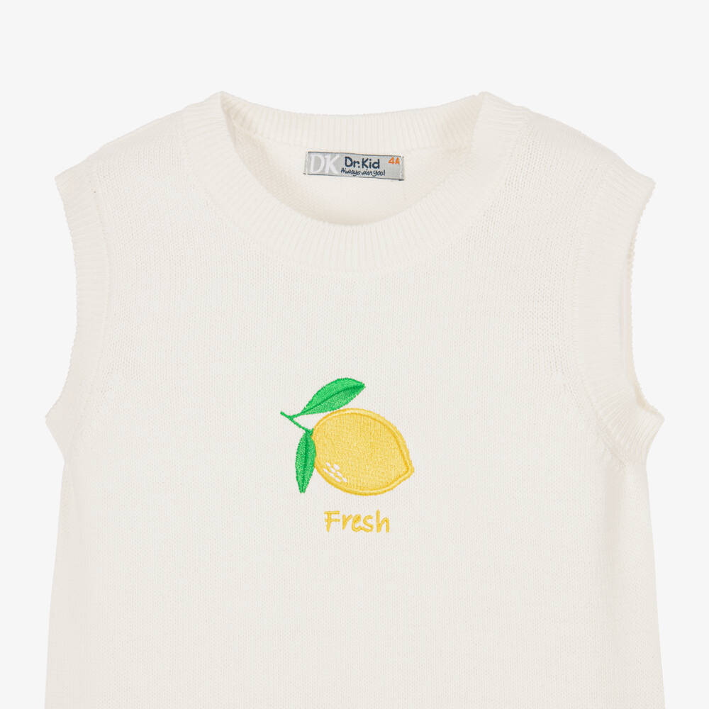 Dr. Kid-Girls Ivory Cotton Knit Top with Embroidered Lemon | Childrensalon