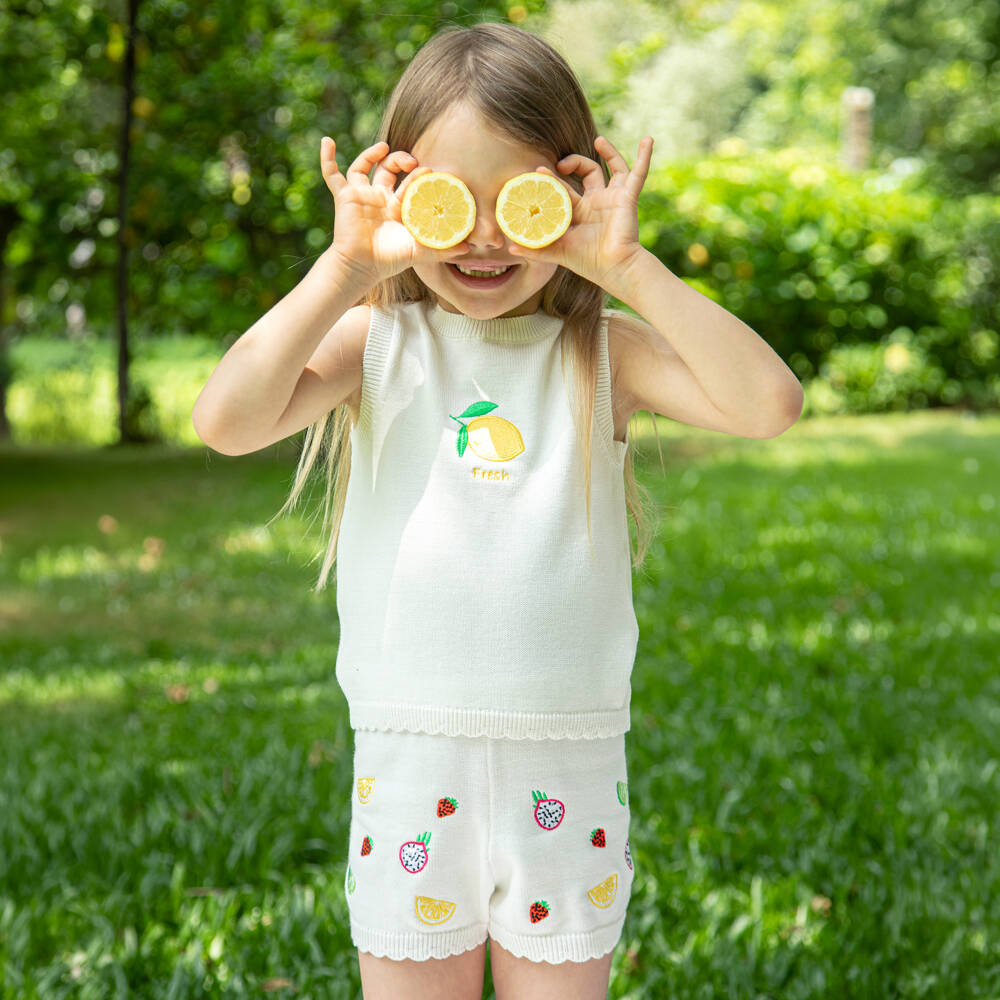 Dr. Kid-Girls Ivory Cotton Knit Top with Embroidered Lemon | Childrensalon