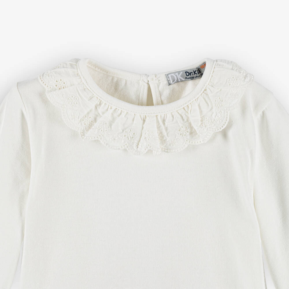 Dr. Kid-Girls Ivory Cotton Top with Embroidered Scalloped Collar | Childrensalon