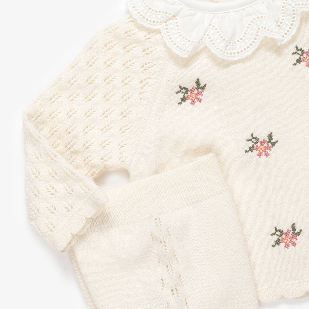 Dr. Kid-Girls Ivory Knit 2 Piece Babygrow with Embroidered Flowers | Childrensalon