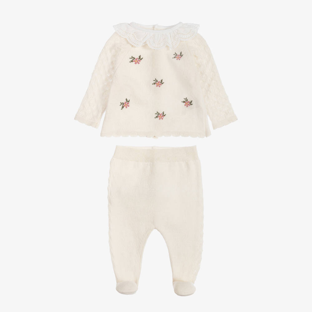 Dr. Kid-Girls Ivory Knit 2 Piece Babygrow with Embroidered Flowers | Childrensalon