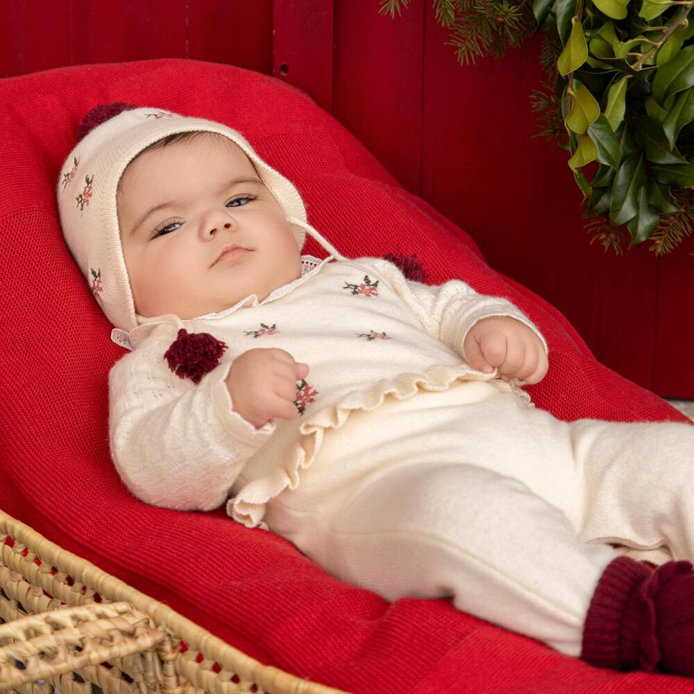 Dr. Kid-Girls Ivory Knit 2 Piece Babygrow with Embroidered Flowers | Childrensalon