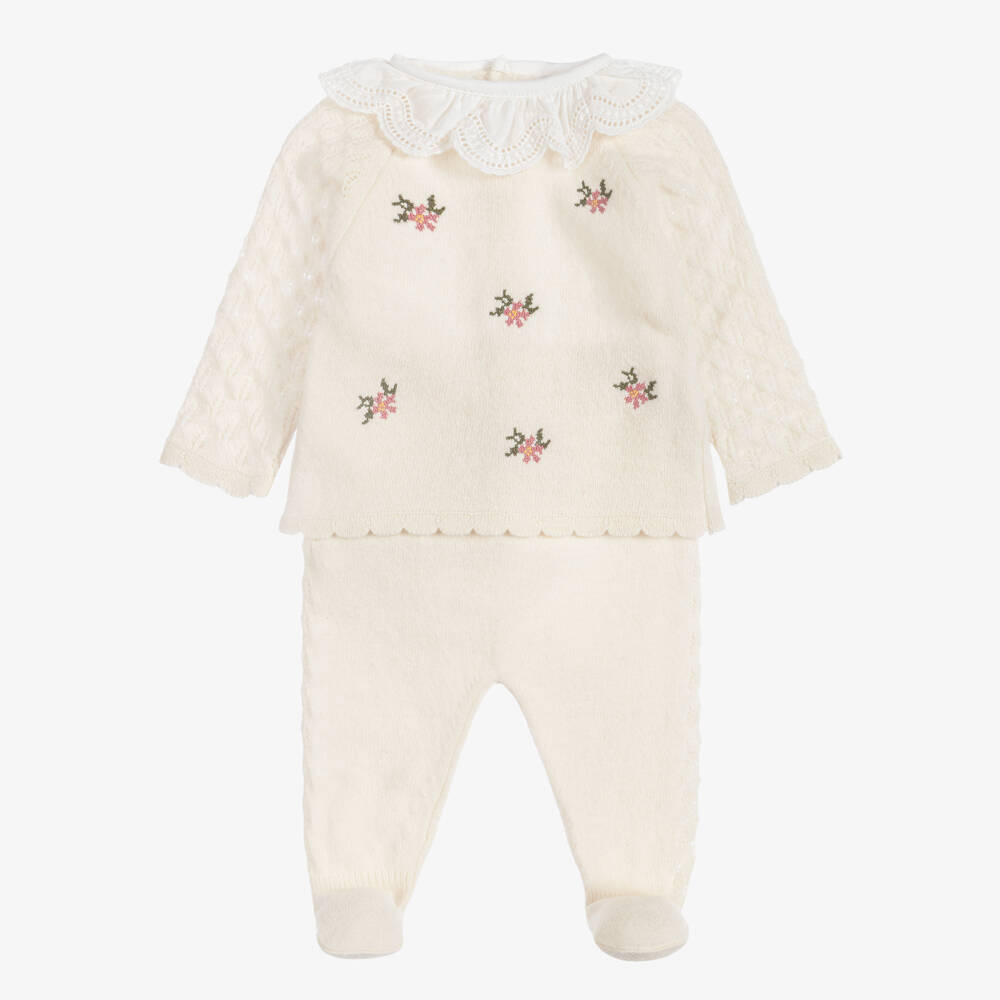 Dr. Kid-Girls Ivory Knit  2 Piece Babygrow with Embroidered Flowers | Childrensalon