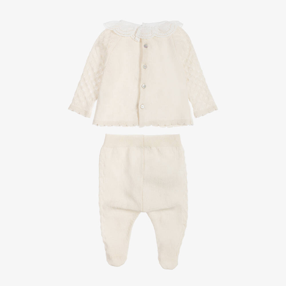 Dr. Kid-Girls Ivory Knit 2 Piece Babygrow with Embroidered Flowers | Childrensalon