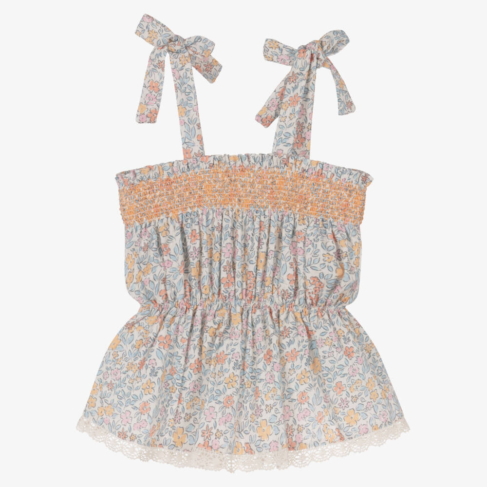 Dr. Kid-Girls Ivory & Pastel Orange Ditsy Floral Print Top | Childrensalon