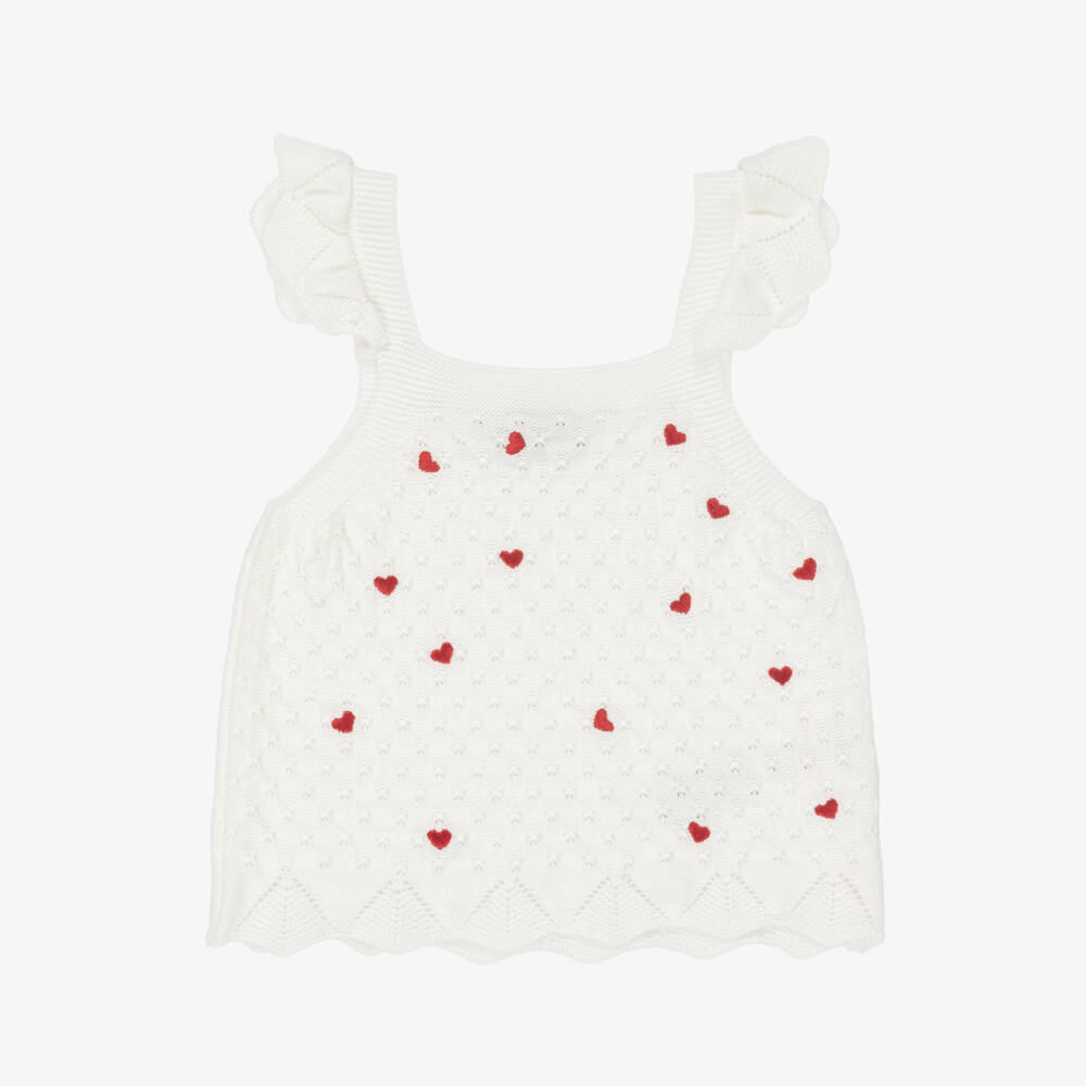 Dr. Kid-Girls Ivory Patterned Knit Strappy Top with Red Hearts | Childrensalon