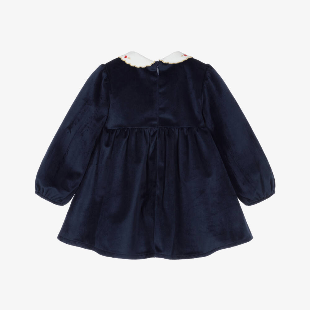 Dr. Kid-Girls Navy Blue Velvet Dress with Embroidered Collar | Childrensalon