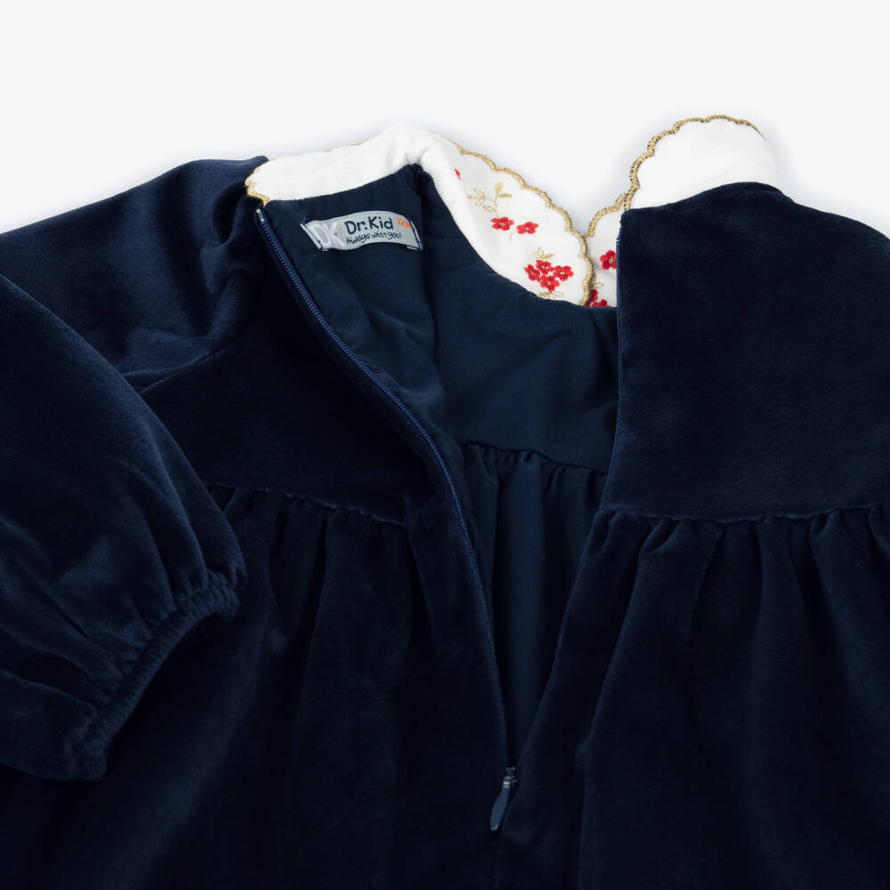 Dr. Kid-Girls Navy Blue Velvet Dress with Embroidered Collar | Childrensalon