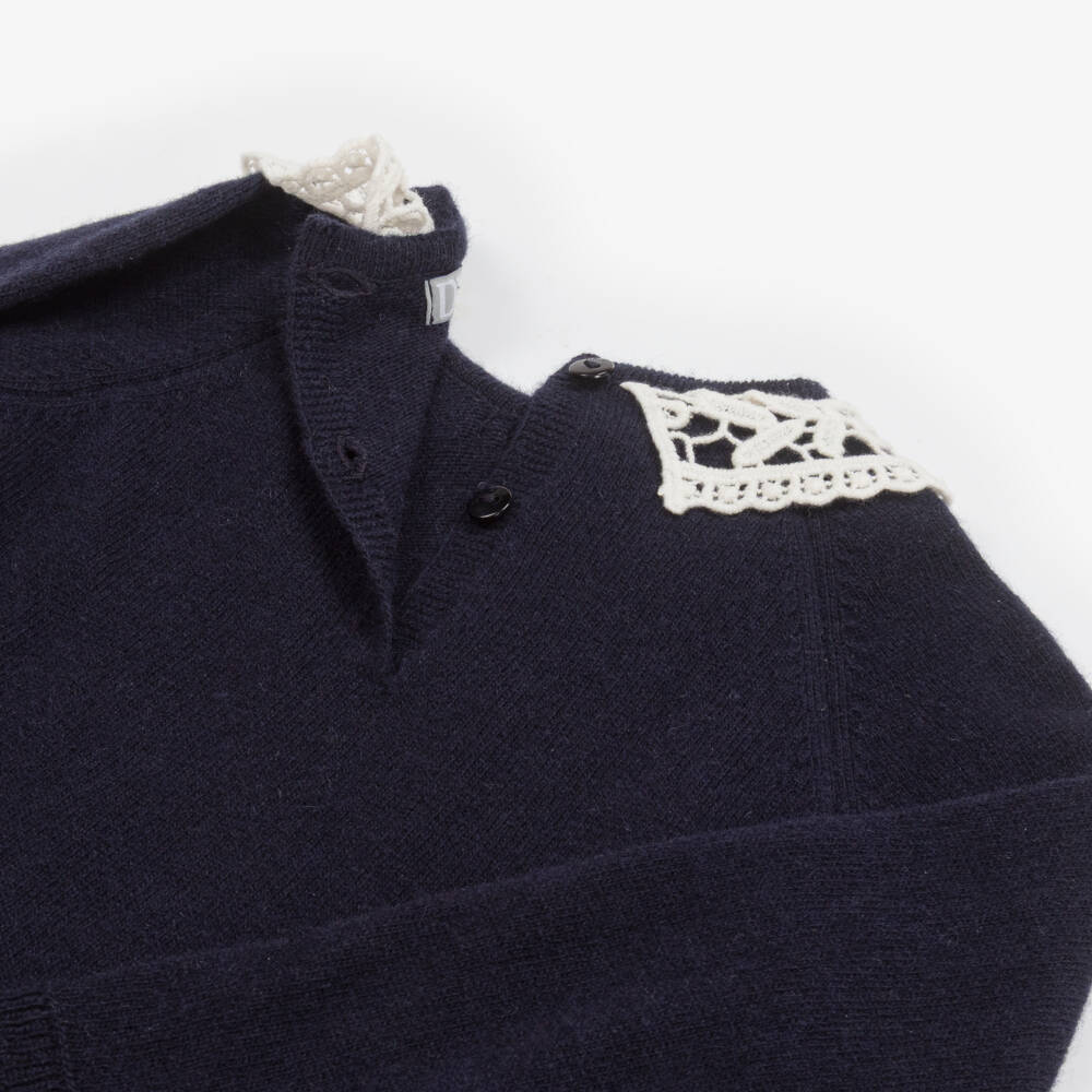 Dr. Kid-Girls Navy Blue Wool & Cotton Sweater with White Lace Collar | Childrensalon