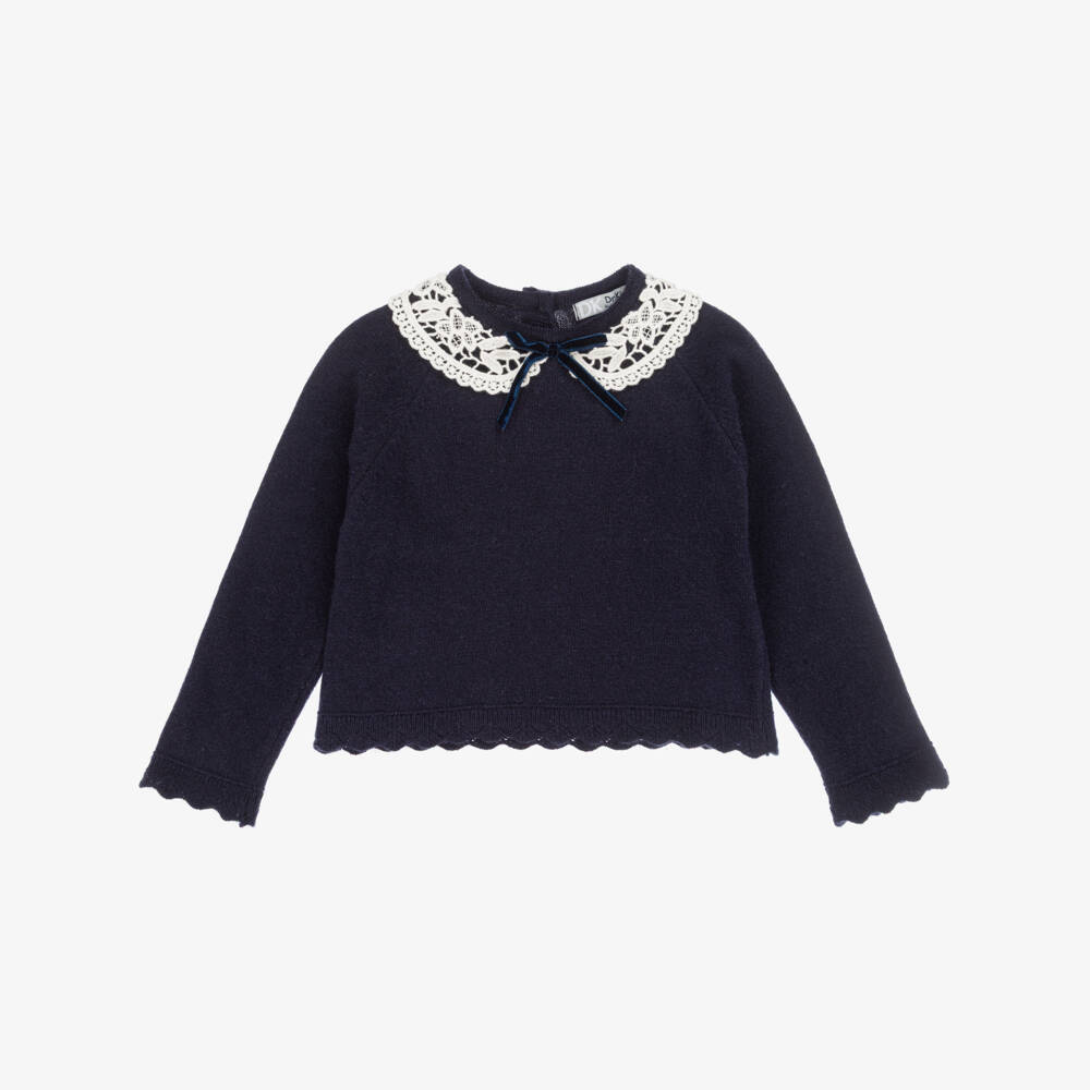Dr. Kid-Girls Navy Blue Wool & Cotton Sweater with White Lace Collar | Childrensalon