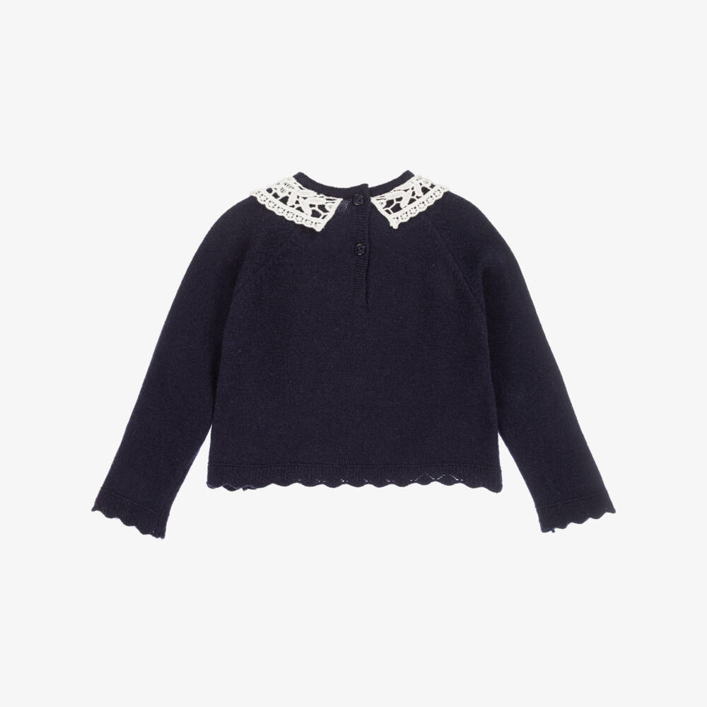 Dr. Kid-Girls Navy Blue Wool & Cotton Sweater with White Lace Collar | Childrensalon