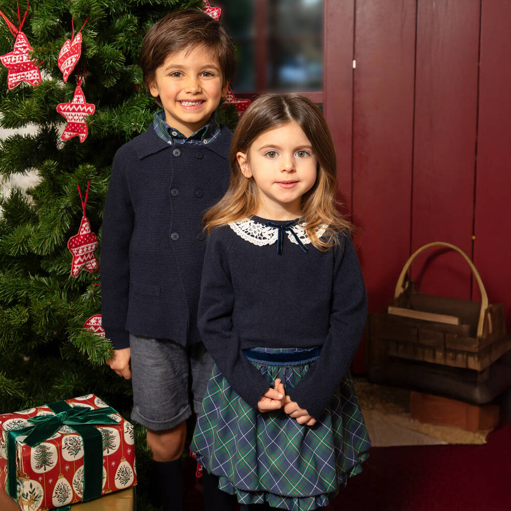 Dr. Kid-Girls Navy Blue Wool & Cotton Sweater with White Lace Collar | Childrensalon
