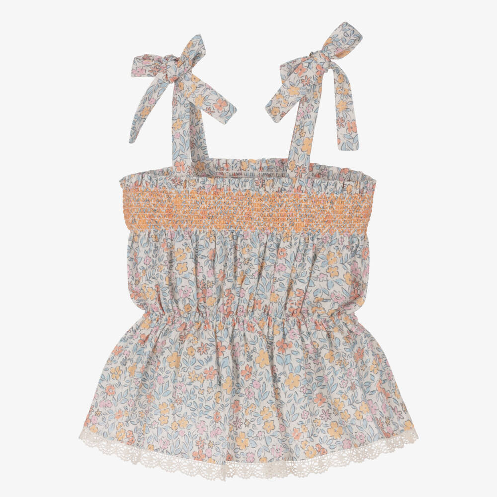 Dr. Kid-Girls Pastel Orange Ditsy Floral Print Top | Childrensalon