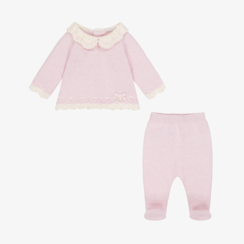 Dr. Kid-Girls Pink Wool Knit 2 Piece Babygrow with Embroidered Collar | Childrensalon