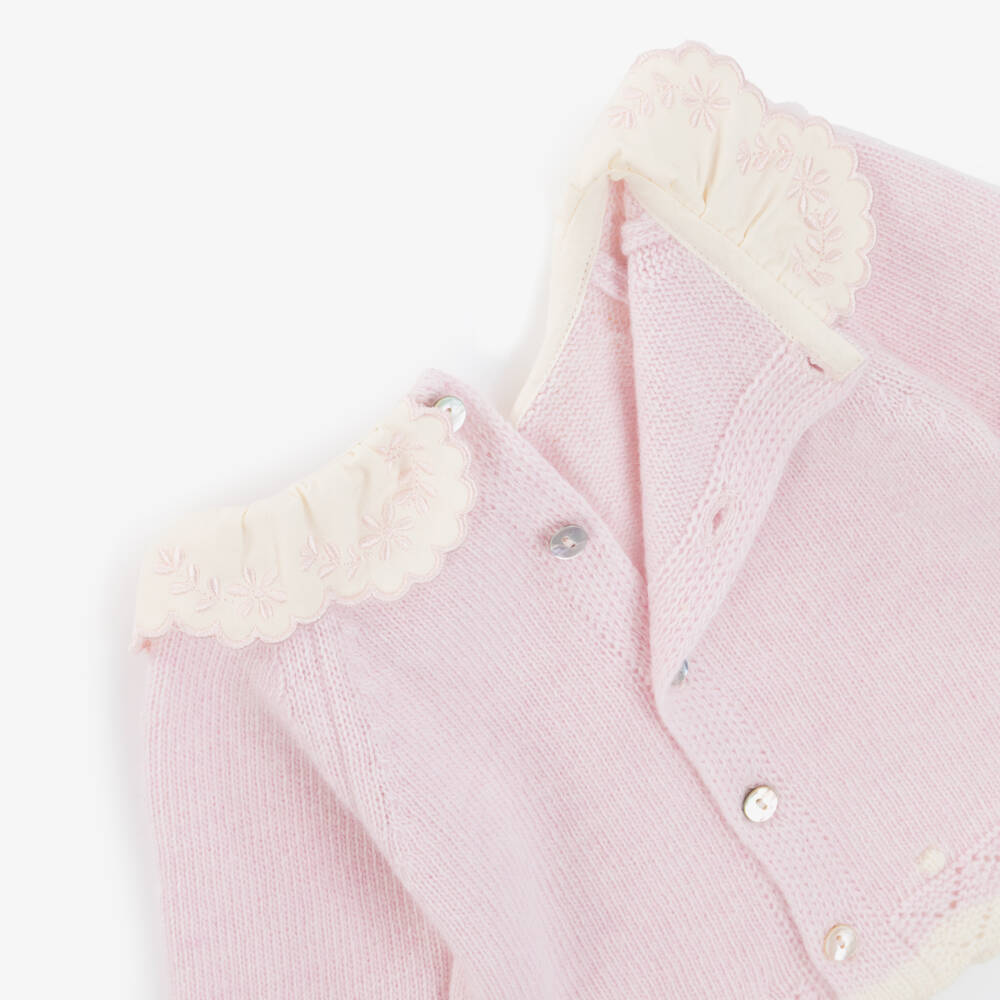 Dr. Kid-Girls Pink Wool Knit 2 Piece Babygrow with Embroidered Collar | Childrensalon
