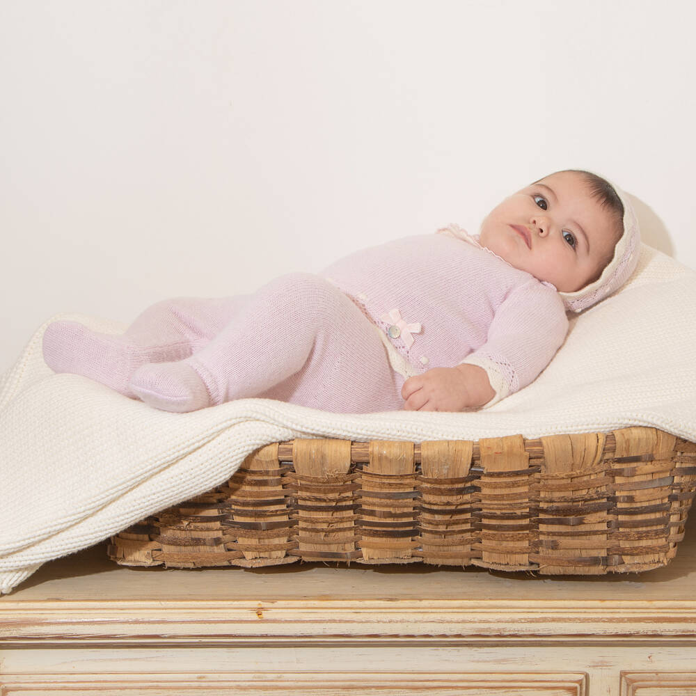 Dr. Kid-Girls Pink Wool Knit 2 Piece Babygrow with Embroidered Collar | Childrensalon