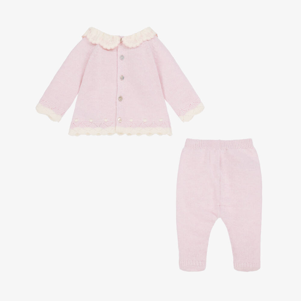 Dr. Kid-Girls Pink Wool Knit 2 Piece Babygrow with Embroidered Collar | Childrensalon