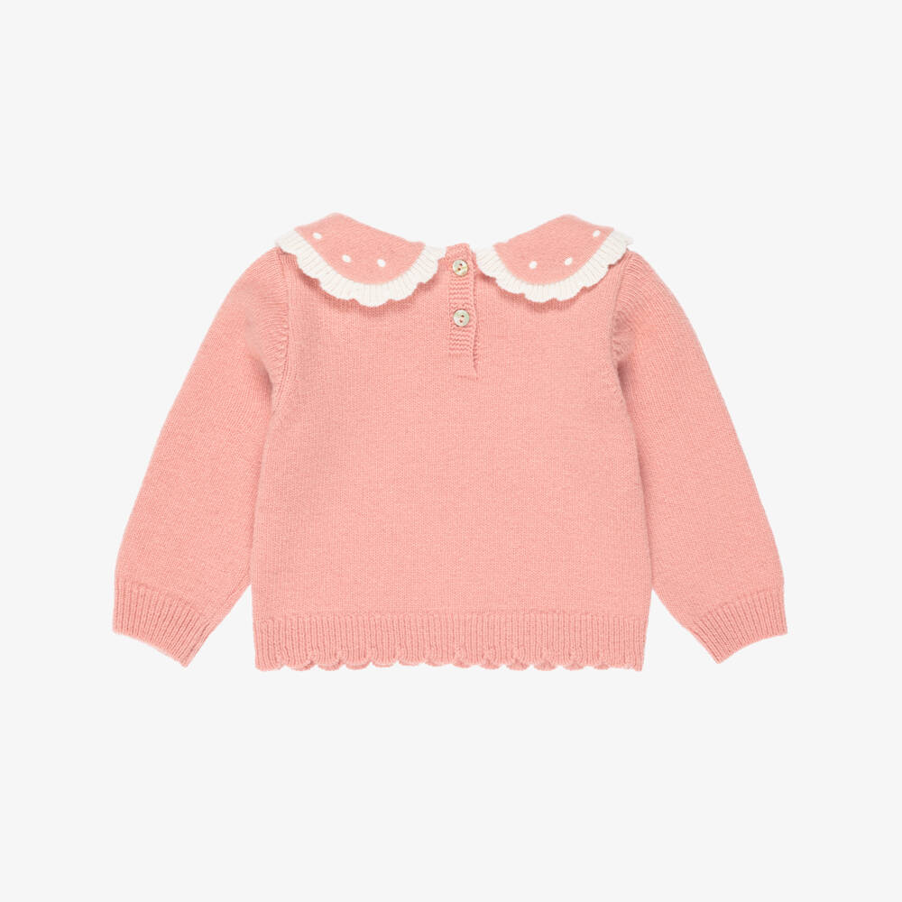 Dr. Kid-Girls Pink Wool Knit Sweater with White Flowers | Childrensalon