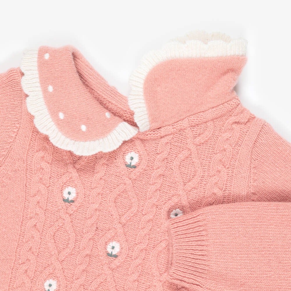 Dr. Kid-Girls Pink Wool Knit Sweater with White Flowers | Childrensalon