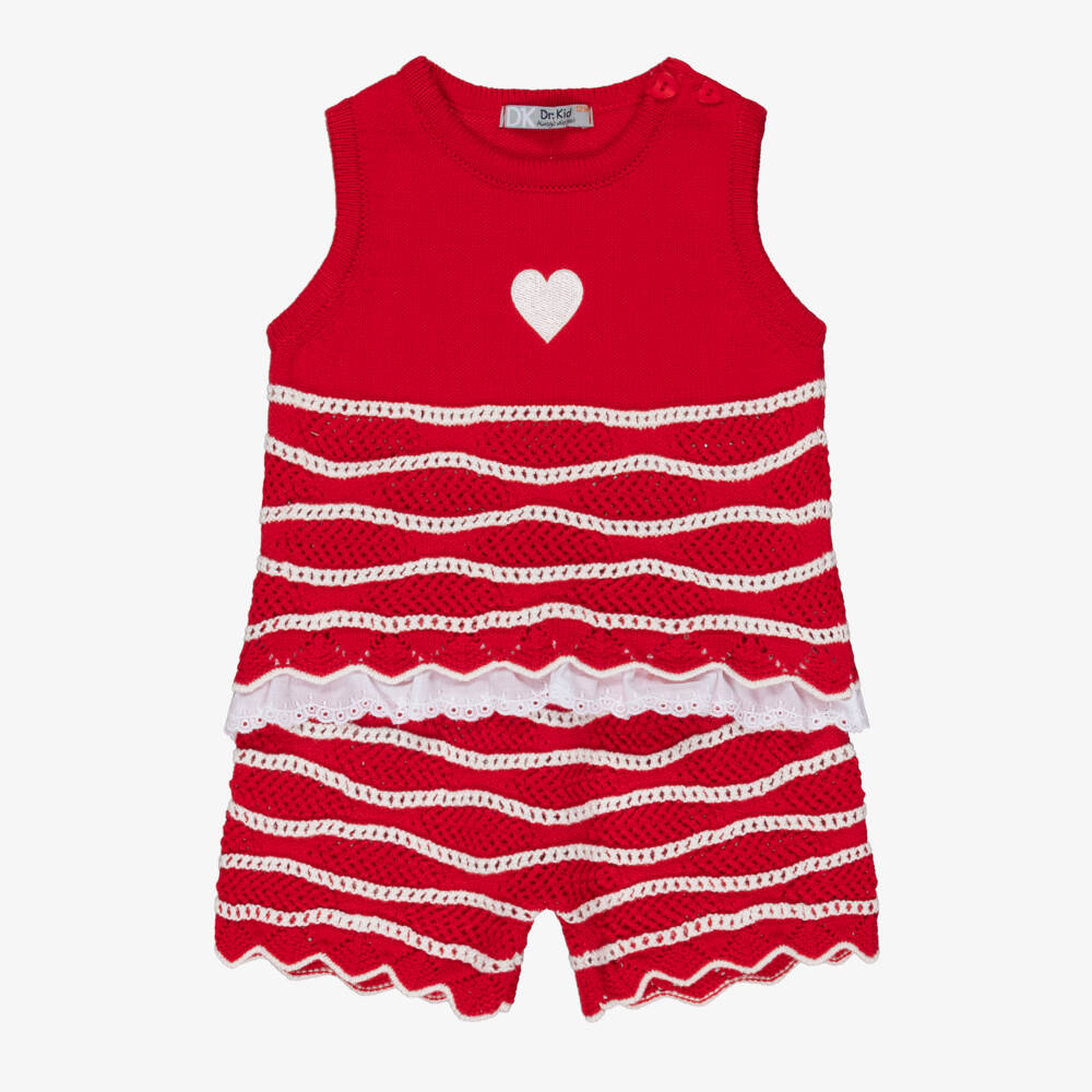 Dr. Kid-Girls Red Knitted Cotton Shorts Set | Childrensalon