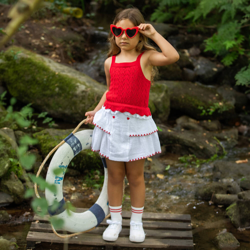 Dr. Kid-Girls Red Knitted Strappy Top with Broderie Anglaise Trim | Childrensalon