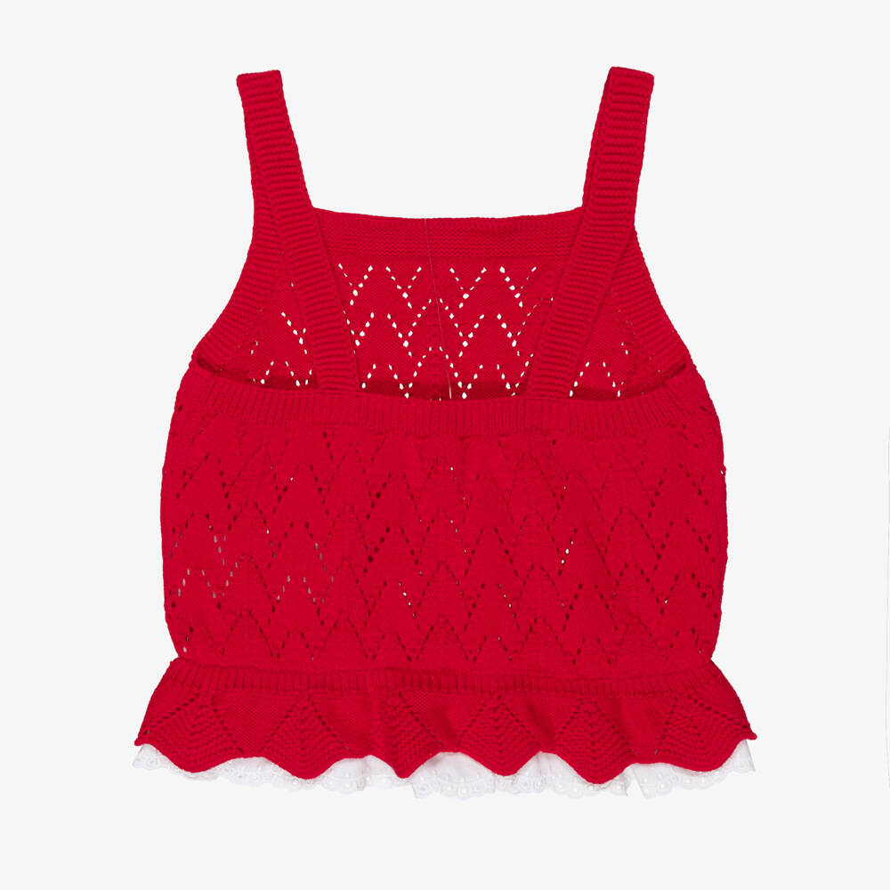 Dr. Kid-Girls Red Knitted Strappy Top with Broderie Anglaise Trim | Childrensalon