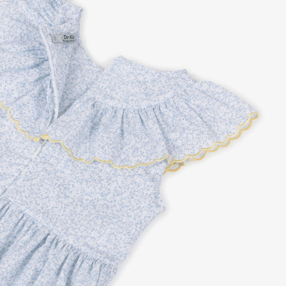 Dr. Kid-Girls White & Blue Floral Cotton Dress with Scalloped Ruffle | Childrensalon
