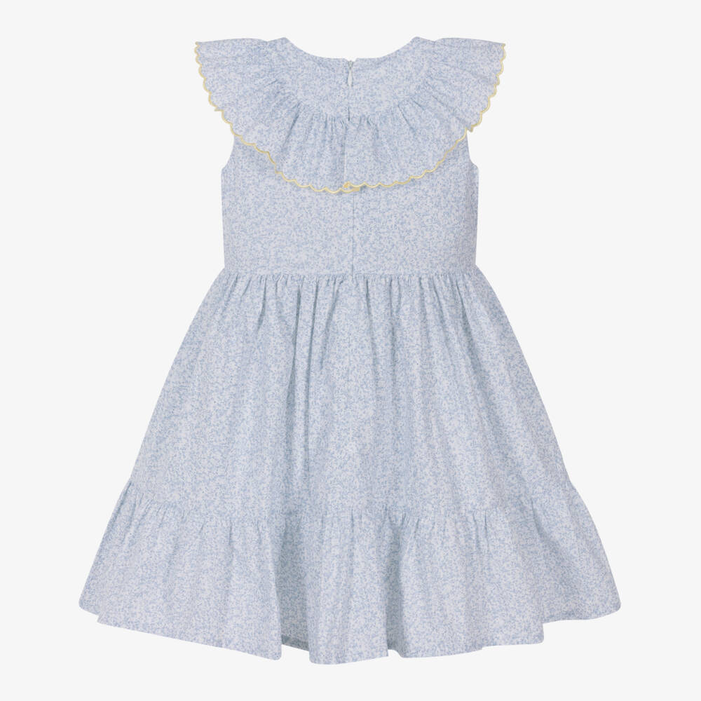 Dr. Kid-Girls White & Blue Floral Cotton Dress with Scalloped Ruffle | Childrensalon