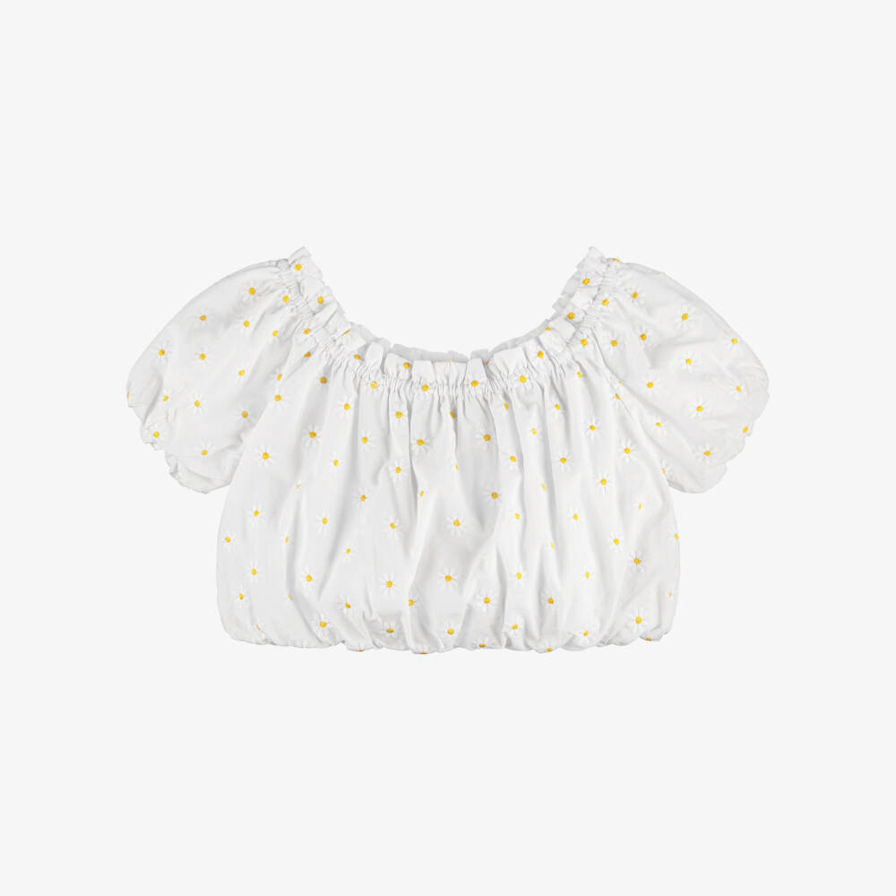 Dr. Kid-Girls White Cotton Blouse with Embroidered Daisies | Childrensalon