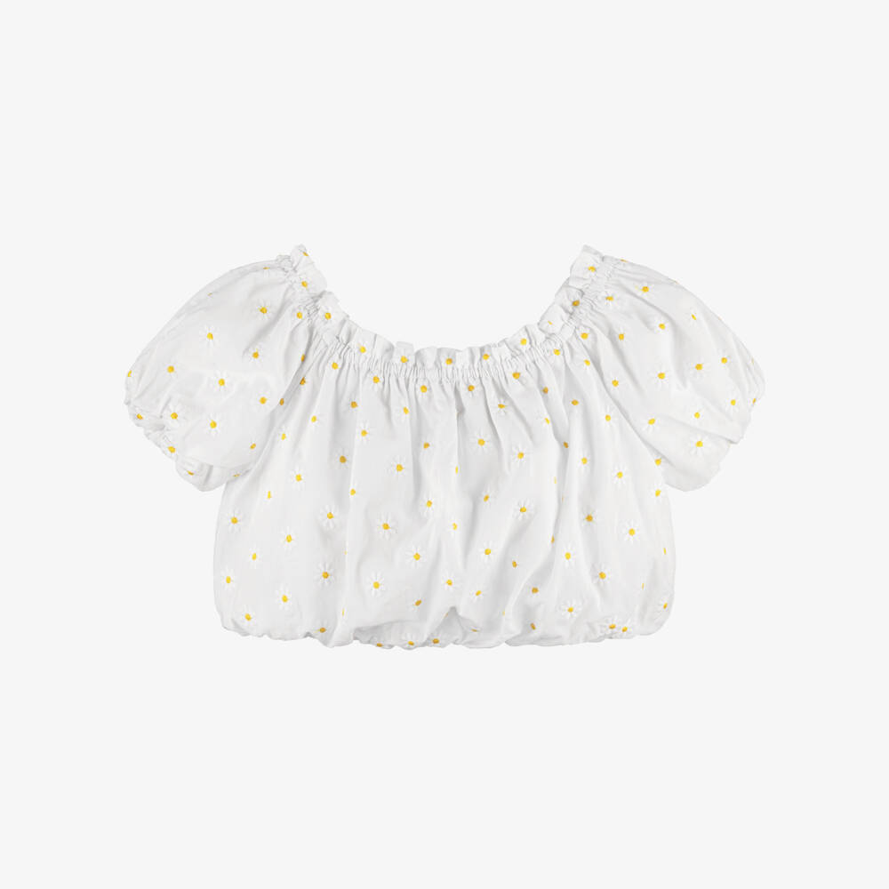 Dr. Kid-Girls White Cotton Blouse with Embroidered Daisies | Childrensalon