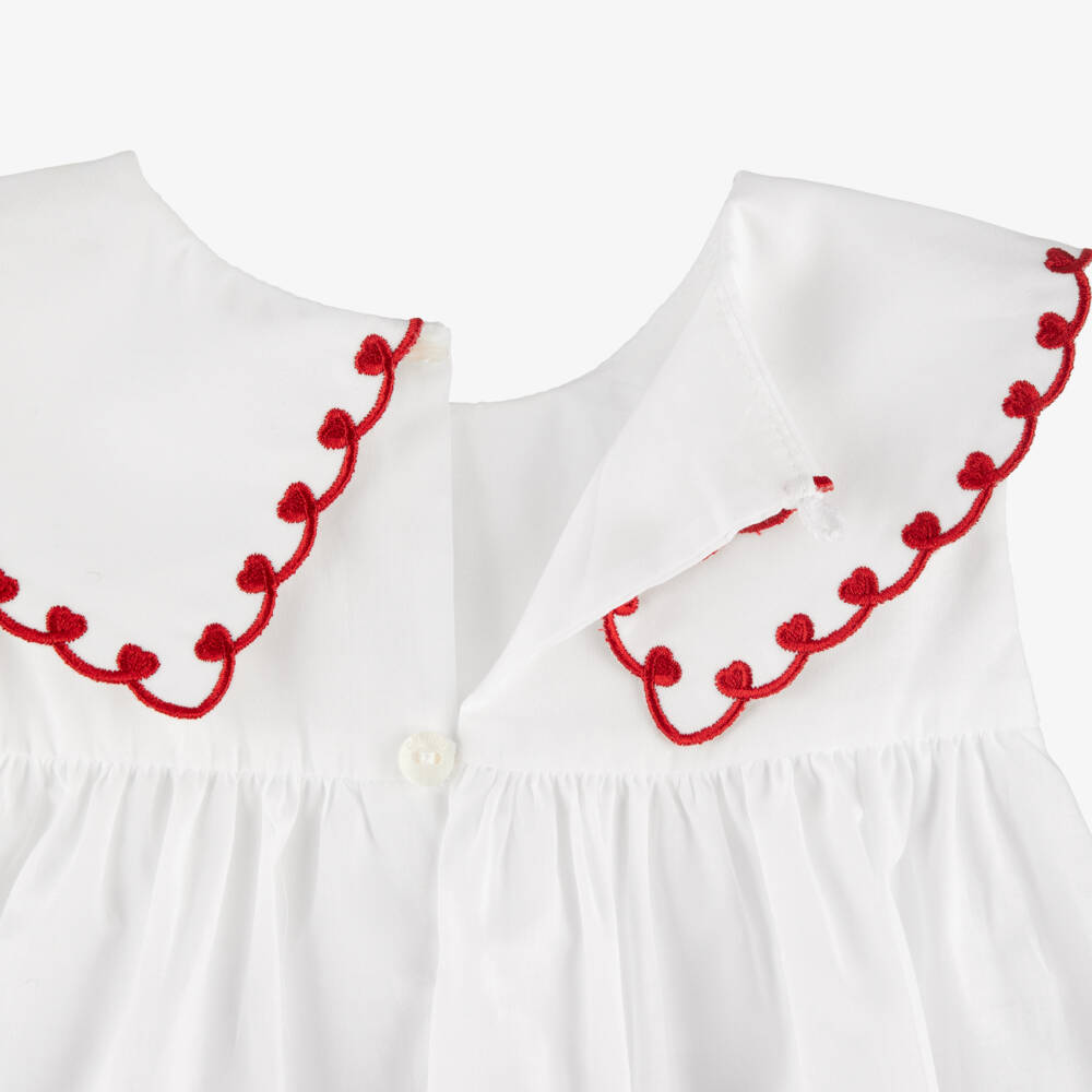 Dr. Kid-Girls White Cotton Blouse with Red Heart Embroidery | Childrensalon