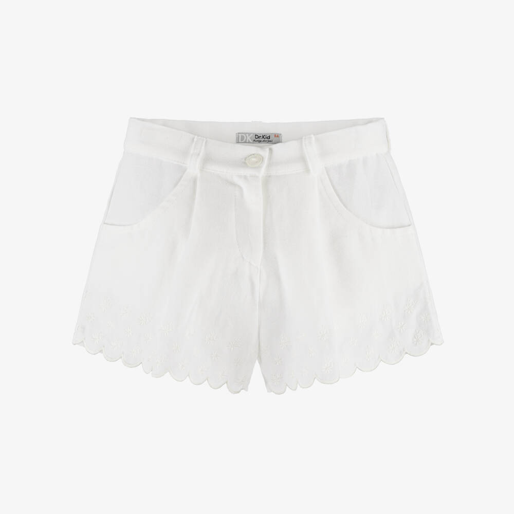 Dr. Kid-Girls White Cotton & Linen Shorts with Floral Embroidery | Childrensalon