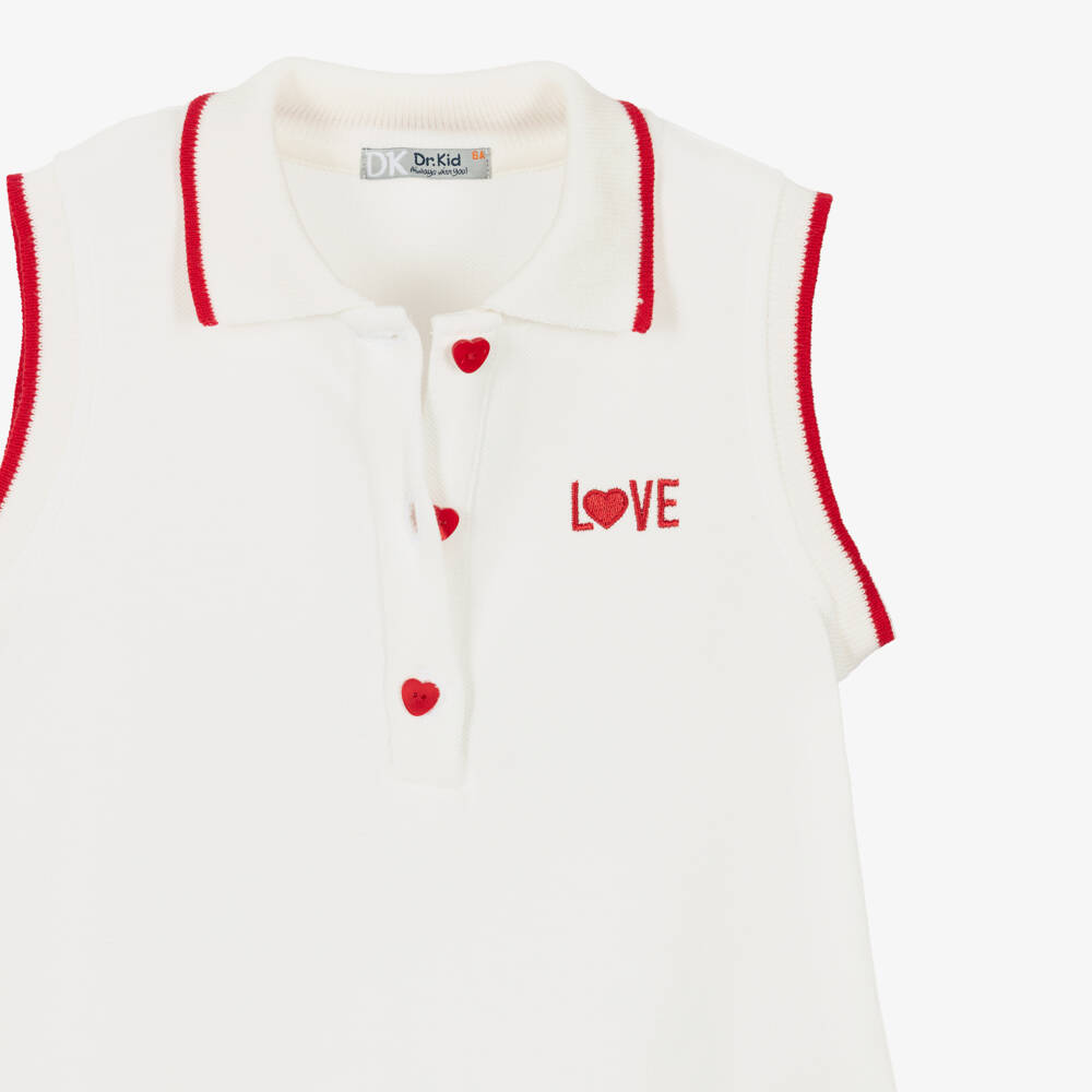 Dr. Kid-Girls White Cotton Love Polo Dress with Red Heart Buttons | Childrensalon