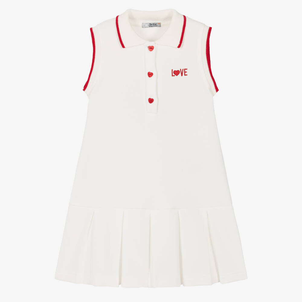Dr. Kid-Girls White Cotton Love Polo Dress with Red Heart Buttons | Childrensalon