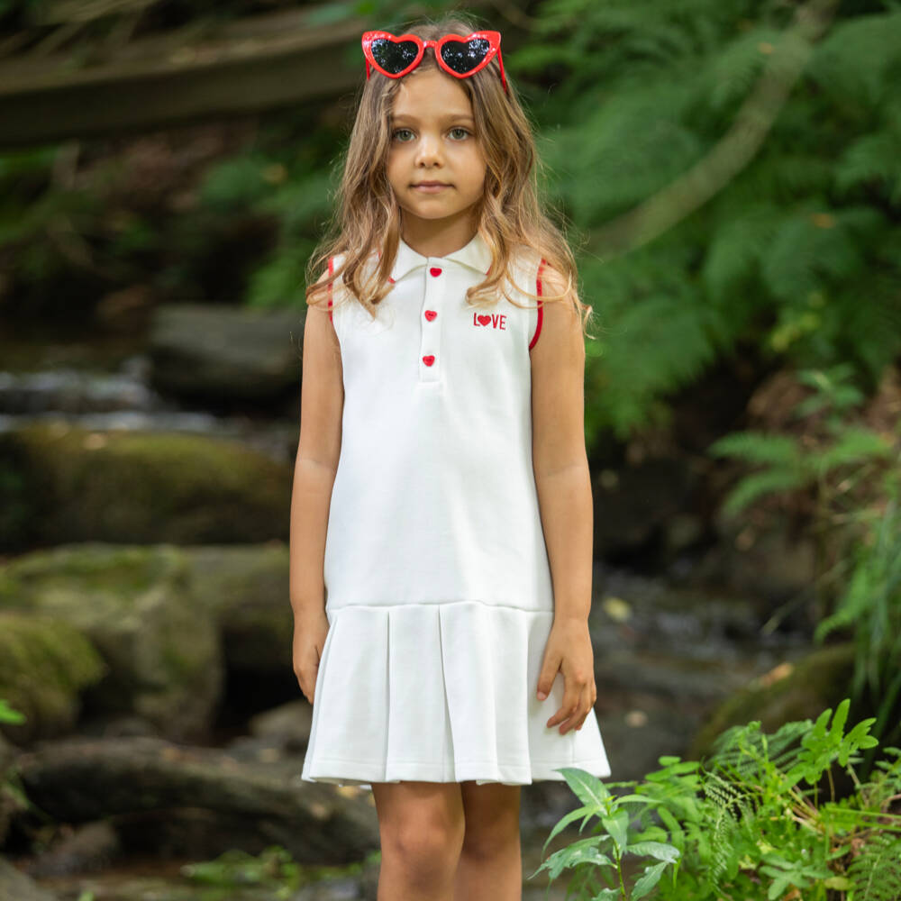 Dr. Kid-Girls White Cotton Love Polo Dress with Red Heart Buttons | Childrensalon