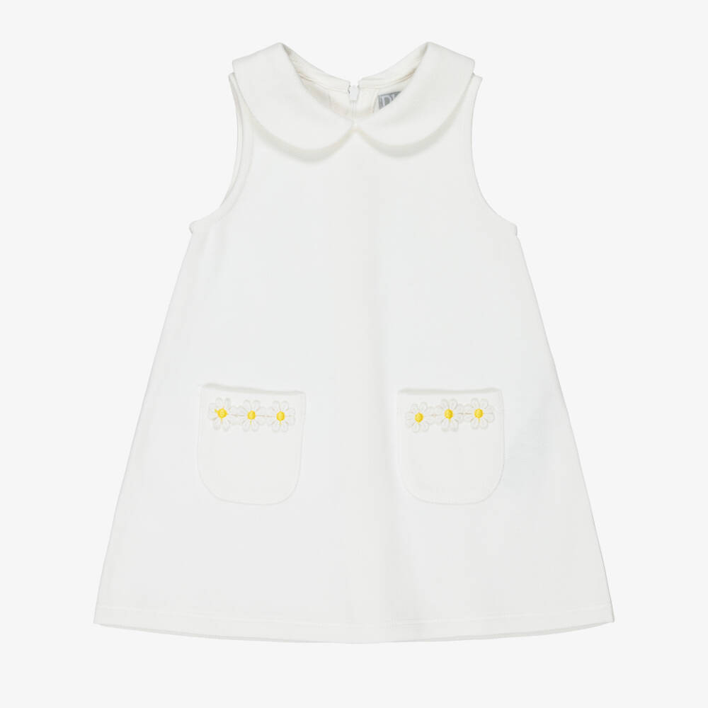 Dr. Kid-Girls White Cotton Piqué Daisy Pocket Dress | Childrensalon