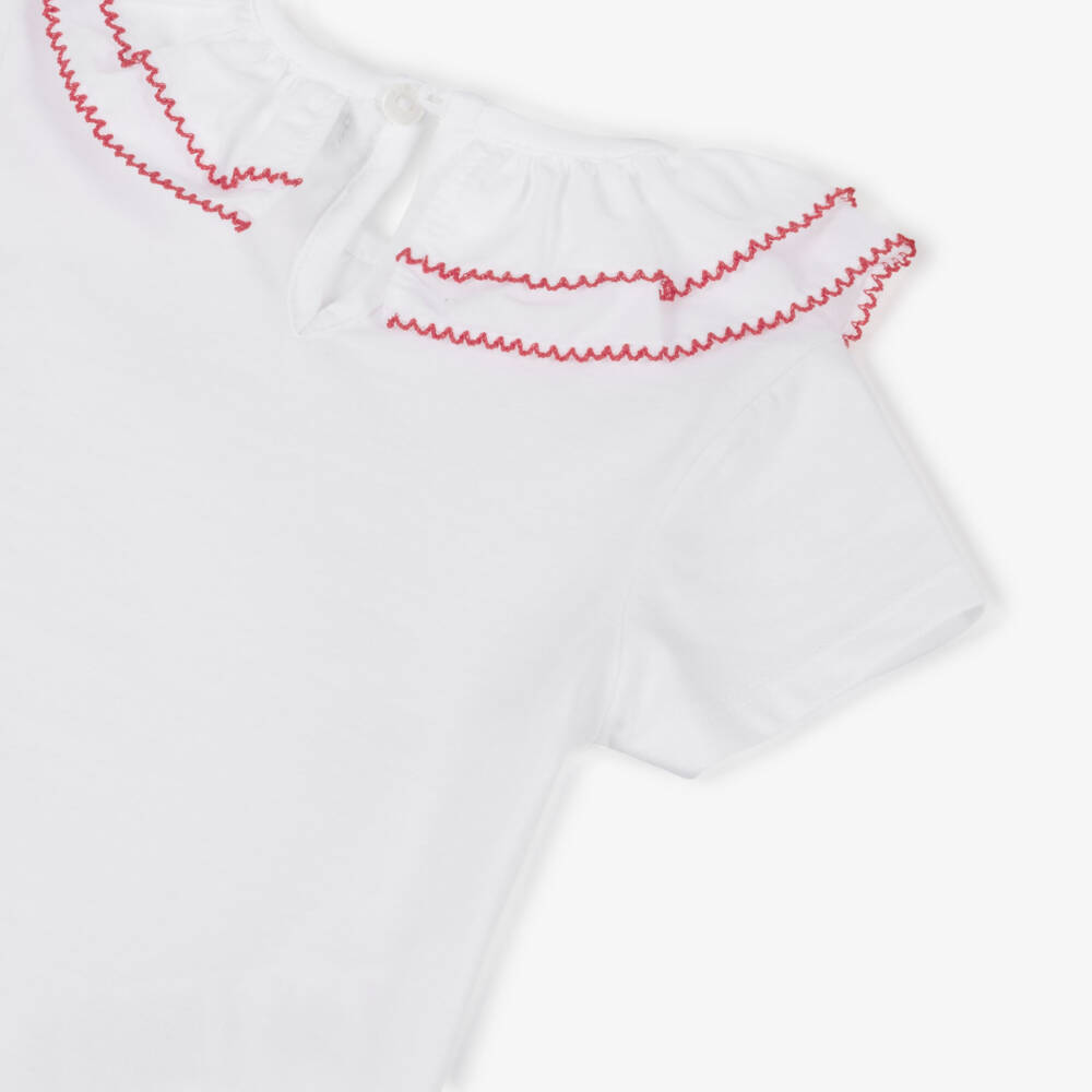 Dr. Kid-Girls White Cotton T-Shirt with Ruffle Collar | Childrensalon