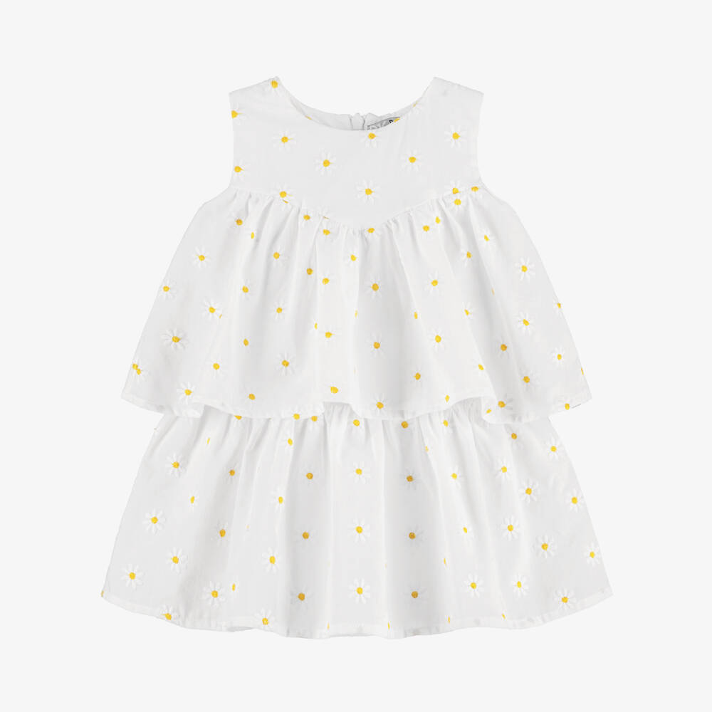 Dr. Kid-Girls White Cotton Tiered Dress with Daisy Emboidery | Childrensalon