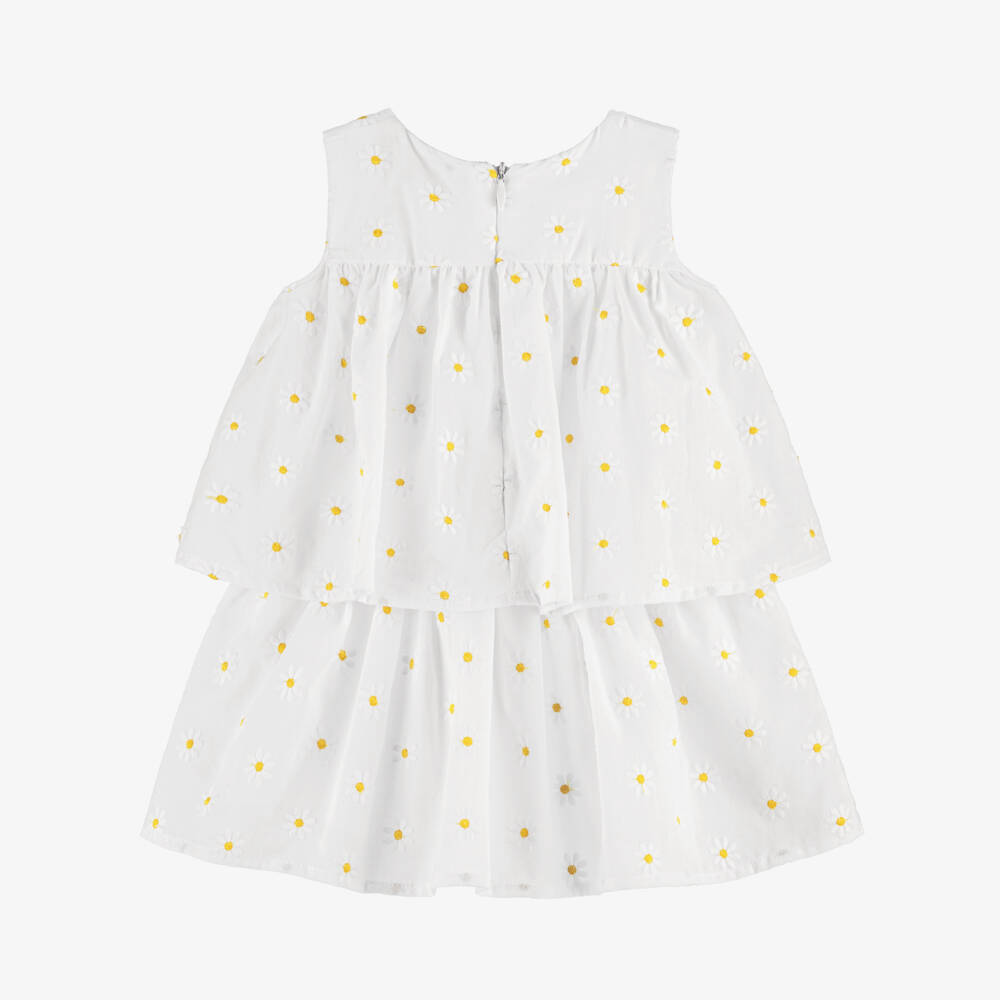 Dr. Kid-Girls White Cotton Tiered Dress with Daisy Emboidery | Childrensalon