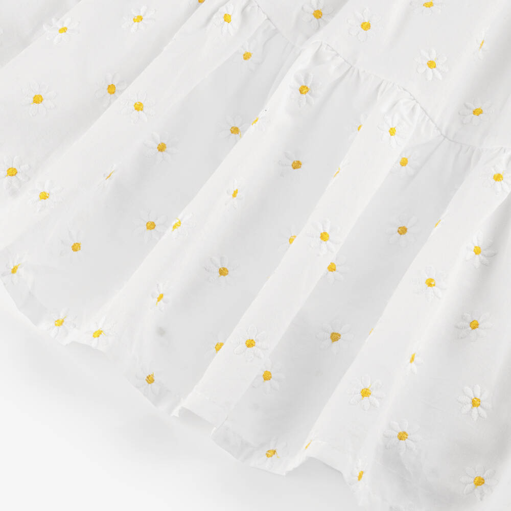 Dr. Kid-Girls White Cotton Tiered Dress with Embroidered Daisies | Childrensalon