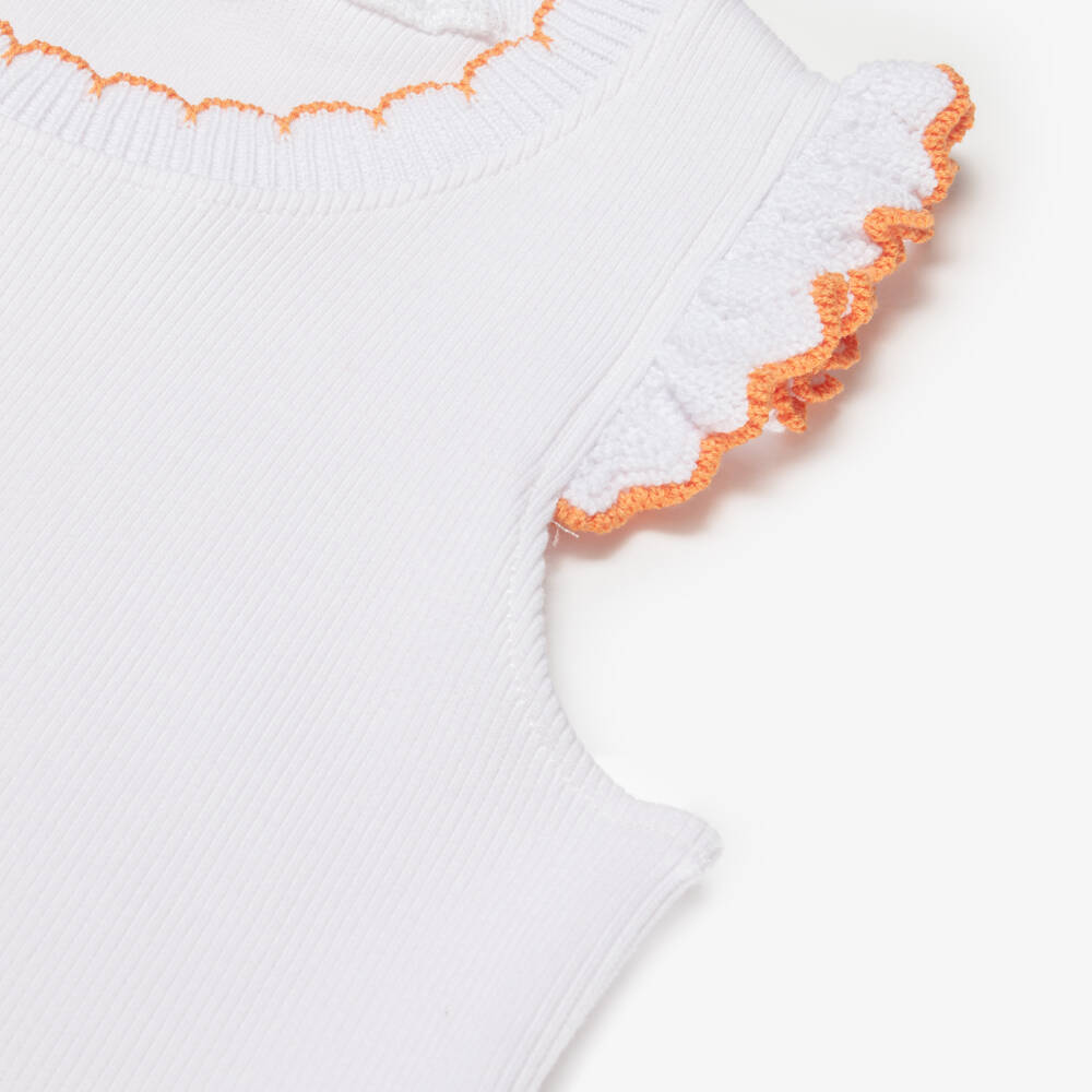 Dr. Kid-Girls White Ribbed Cotton Top with Knitted Ruffles | Childrensalon