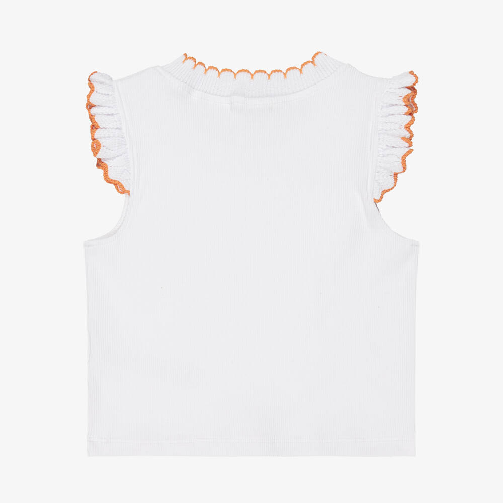 Dr. Kid-Girls White Ribbed Cotton Top with Knitted Ruffles | Childrensalon