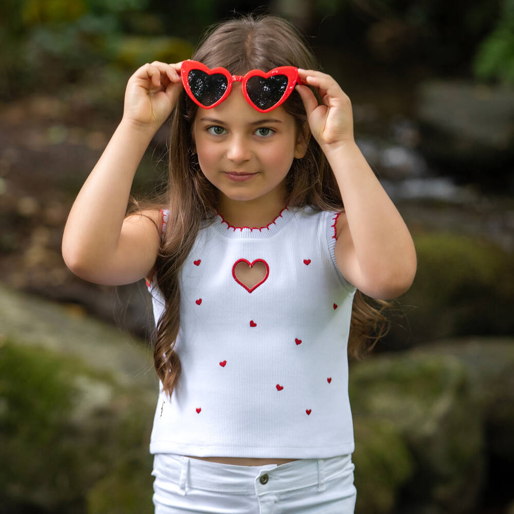 Dr. Kid-Топ в рубчик белый хлопковый с красными сердцами для девочек | Childrensalon