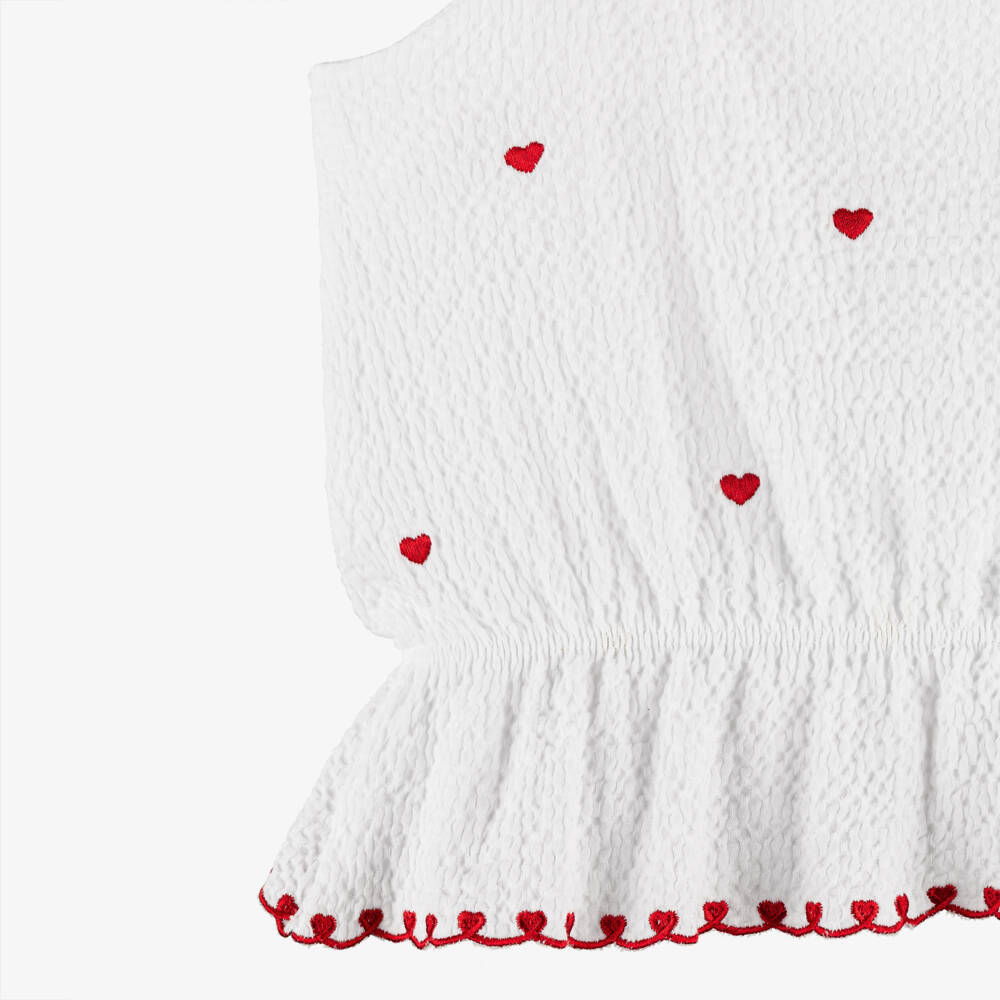 Dr. Kid-Girls White Strappy Cotton Top with Embroidered Red Hearts | Childrensalon