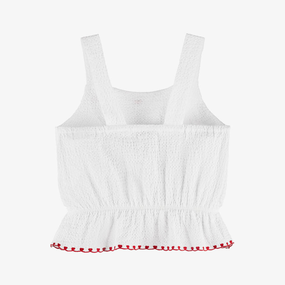 Dr. Kid-Girls White Strappy Cotton Top with Embroidered Red Hearts | Childrensalon